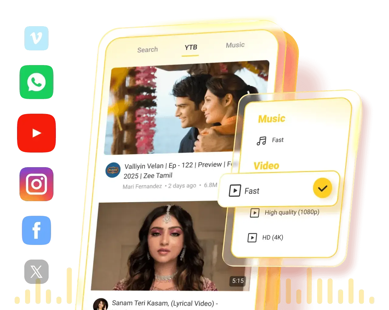 Snaptube app on an Android phone: YouTube search results with the download sheet open, showing Music and Video quality options, surrounded by YouTube, Instagram, Facebook, WhatsApp, Vimeo and X icons
