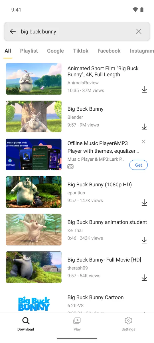 Snaptube search results for a video query