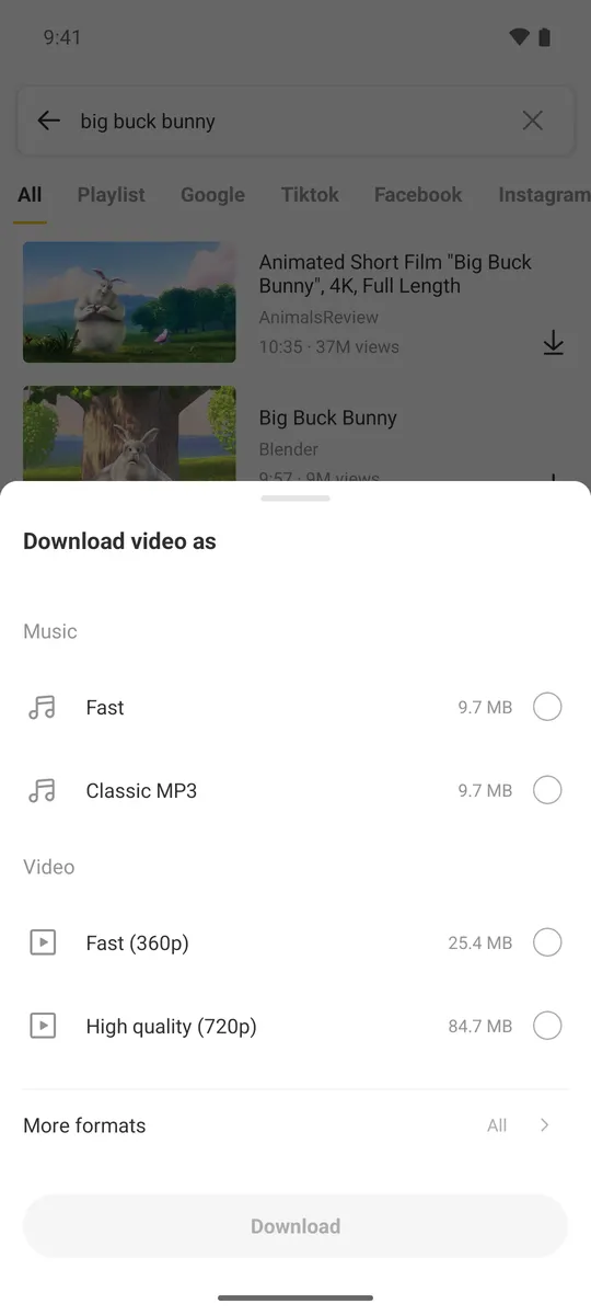 Snaptube download sheet listing video resolutions and audio formats